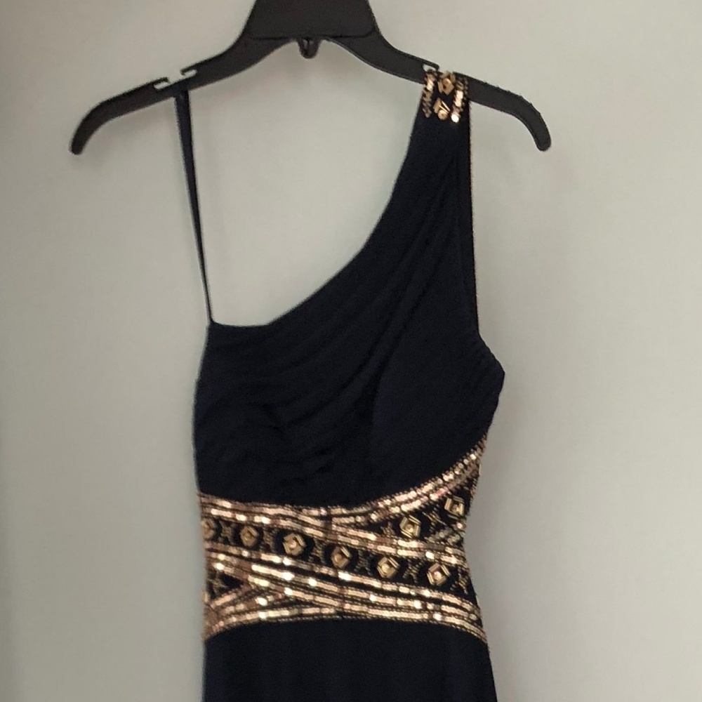 One Shoulder Navy Blue & Gold Long Dress